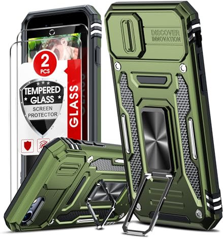 LeYi for iPhone SE 2022 / SE 2020 / iPhone 8 / iPhone 7 Case, with Camera Lens Cover Slider, 2 Screen Protectors, Ring Stand Military Shockproof Armour Phone Cover for iPhone 7/8/SE 2020/2022, Green