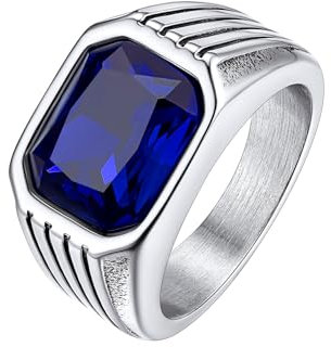 Bestyle Herren Ringe 10 * 12mm Quadrat Schliff Edelstein Blauer Saphir Ring Bands Ring für Männer Gothic-Ring Siegelring Fingerring, Silber, Größe 65