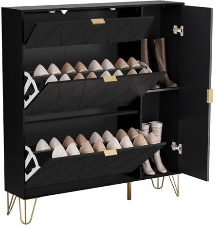 UEV Armoire à Chaussure Inclinable, Meuble à Chaussure pour 16 Paires de Chaussure, Rangement Chaussure, Etagère Caché et Cabinet Botte sur Côté (Noir)