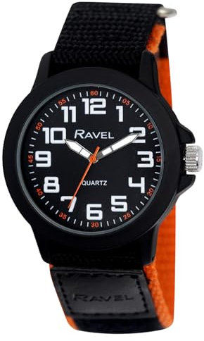 Ravel - Moderne Workwear-Herrenuhr mit einfach zu befestigendem Armband - Schwarz/Orange Highlights