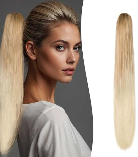Gairyan 60cm Pferdeschwanz Haarteil Zopf Extensions Lang Glatt Klammer Claw Clip in Ponytail Extensions Synthetik Haare Extensions Gerade Haarteil Haarverlängerung (Dunkelblond Ombre Bleichblond)