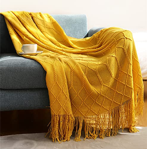 Hayisugal Gestrickte Decke Sofadecke Tagesdecke Wohndecke Bettdecke Ultra Weiche überwurf Decke Wohn-Kuscheldecke Boho Decke für Couch Bett Sofa Stuhl Auto Büro, Gelb, 130 x 200cm