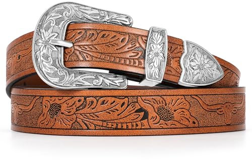 JasGood Damen Ledergürtel für Jeans Hosen Damen Vintage Western Design Gürtel，Braun, 120cm(Hosengröße 86cm-95cm)