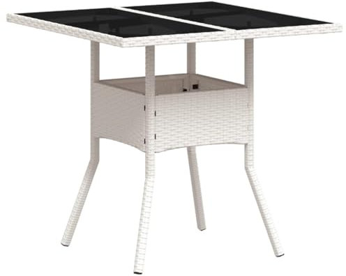 SDWEHO7 Gartentisch mit Glasplatte, PE Rattan Terrassentisch Balkontisch Wetterfest Garten Balkon Esstisch, Hitze- und Wetterbeständig, Weiß 80x80x75 cm