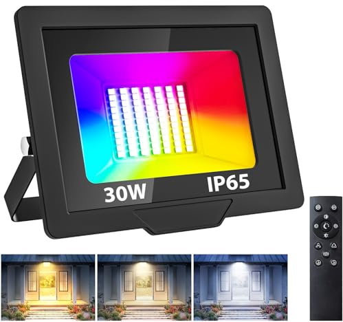 vighep Led Strahler mit Fernsteuerung Außen, 30W RGBCW Dimmbar Flutlicht Aussen mit Timer, IP65 Wasserdicht Scheinwerfer für Garten Terrasse Wand Garage Vorhof Innenhöfe