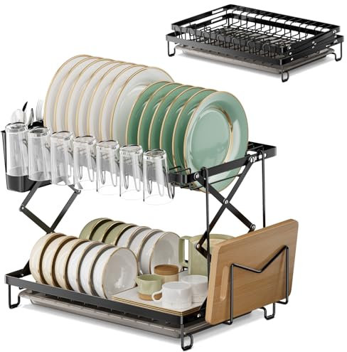 BTGGG 2 Tier Dish Rack Collapsible Dish Drainer Rack with Removable Drip Tray, Cross Foldable Draining Board Rack Sink Drainer Rack with Utensil, Cup & Cutting Board Holder for Kitchen Counter