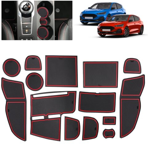 BSTW Auto Antirutschmatten für Ford Focus MK4.5 (2022-2025) | Originalgetreue Gummi Matte für Mittelkonsole, Getränkehalter & Türmulden | Passend für Ford Focus ST-Line, X (Rot)