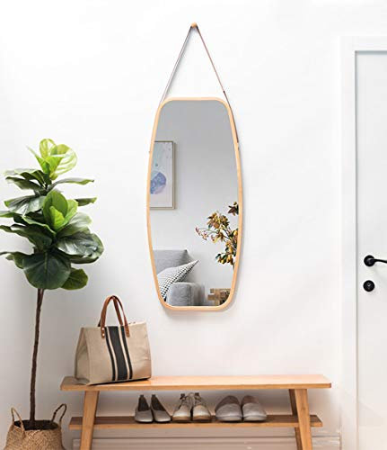 Miroir de beauté moderne avec cadre en bambou pleine longueur avec sangle en cuir réglable pour salle de bain