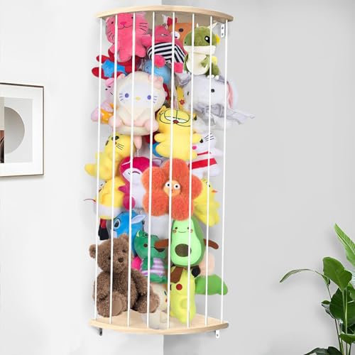 Funvalley Surperfect Corner Stuffed Animal Storage Soft Toy Storage Organizer, Wood Stuffed Animal Holder for Kids Bedroom for Plush Toys with Adjustable Length for Nursery Play Room