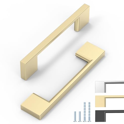 ELEBUILD 6 Stück Schrankgriffe Messing, 96mm Lochabstand, Gold | Moderne Möbelgriffe Schranktürgriffe Küchengriffe für Schranktüren, Schubladen, Kleiderschränke, Kommoden und Badmöbel