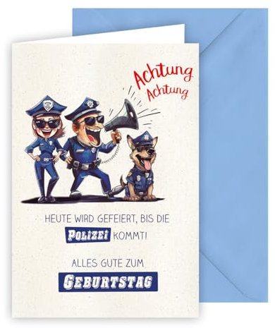 KE - Lustige Glückwunschkarte zum Geburtstag, DIN B6, Humorvolle Druckkarte aus Karton inkl. Umschlag, Motiv: Polizei und Schäferhund