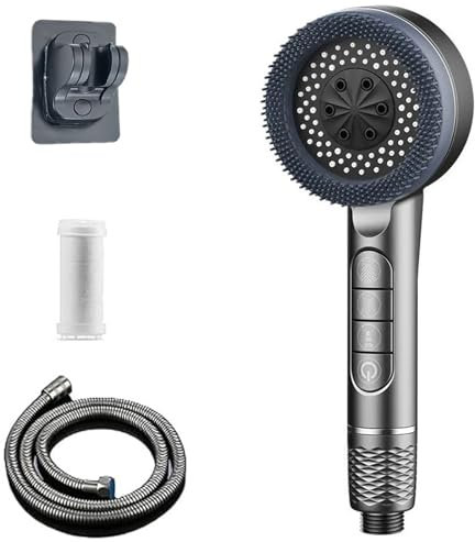 Duschkopf mit Schlauch, Hochdruck Duschkopf mit Massage-Silikon-Bürste, 4 Strahlarten Duschkopf Wassersparend mit Stoppfunktion, mit Handbrause Dusche für Hartes Wasser, Filter Shower Head