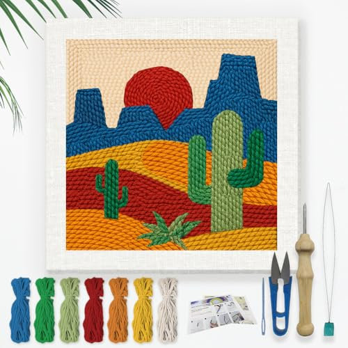 DOODLREAM Cactus DIY Punch Needle Embroidery Kit for Adult Beginner, 24cm Mountains Sunset Punch Stitching Craft Set for Starter with Frame, Fabric Pattern, Threader, Yarn, Punch Needle