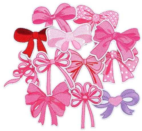 12 pcs Bow Iron On Patches, Pink Cute Bow Patches for Clothes Various Styles Bowknot Embroidered Cowgirl Patch, Embroidered Applique for Sewing DIY Hat Jacket Dress Bags
