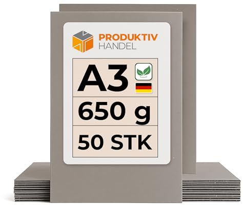 Graukarton A3-650 g/m² | 50 Bögen | Bastelkarton für Kinder & Erwachsene | Graupappe recycelt & stabil | Buchbinderpappe von Produktiv Handel