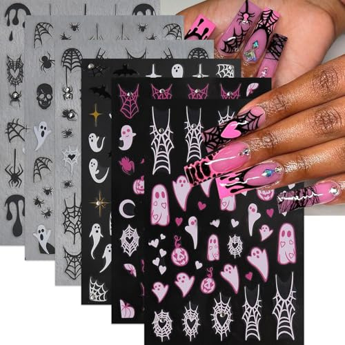 Nagelaufkleber Halloween, 6pcs Nail Art Sticker Halloween, Nagelaufkleber Spinne, mit Spinnennetz-Spinnen Geist-Muster-Dekorationsset, Geeignet für DIY-Nagelkunst für Damen(B)