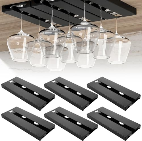 LDXDRU 6 Stück Reihige Metall Weinglashalter, Gläserhalter zum Aufhängen, Hängender Weinglashalter, Weinglashalter Halter Unter Dem Schrank Glashalter Schwarz für Schrank, Hausbar, Küche