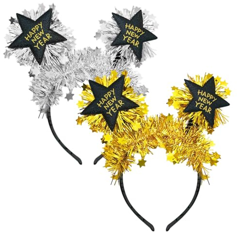 2 Stück Happy New Year Haarreifen,2026 Silvester Haarreif,Neujahr Party Stirnband,Glitzer Stern Silber Gold Haarband Neujahrs Haarschmuck für Neujahr Foto Requisiten Silvester Party Accessoires