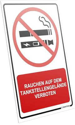 PRINTIMA Hinweisschild „Rauchen auf dem Tankstellengelände verboten“ 21x32cm – Verbotsschild mit Symbol aus Kunststoff inkl. Montagedübel – Rauchverbot Zapfsäule Tankstelle