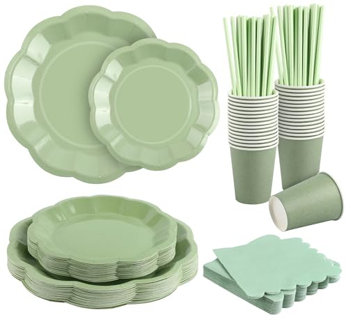 Vivantia 150 Pieces Sage Green Party Tableware Set for 30 Guests, Disposable Sage Green Party Supplies Include Scalloped 7/9 Inch Paper Plates Napkins Cups Straws for Baby Shower Wedding Birthday
