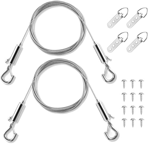 Kit Filo per Appendere Quadri, 2 Pezzi Cavo Regolabile da 2 m x 1 mm con Ganci, 4 Anelli a D e 12 Viti, Corda in Acciaio Inossidabile Resistente per Tele, Specchi, Cornici e Decorazioni da Parete