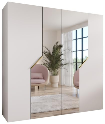 MEBLE KRYSPOL - Kleiderschrank - Garderobenschrank - 200 cm x 202 x 52 cm - Schrank mit Kleiderstange und Spiegel, 4 Türen - für Schlafzimmer, Flur - Andrew, Weiß, Griff Gold