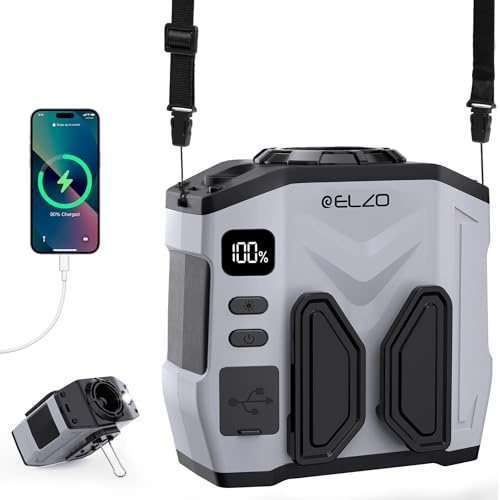 ELZO 10000mAh Tragbarer Clip Ventilator Gürtel, 5 Geschwindigkeiten, Halsventilator Akkubetrieb, Taschenlampe, bis zu 41 Stunden Kühlleistung für Outdoor-Aktivitäten wie Camping und Reisen (Grau)