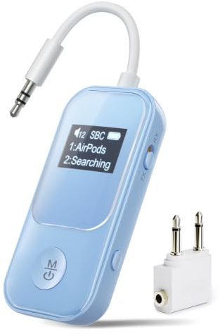 Nulaxy Bluetooth-Sender-Empfänger mit Display, für 2 AirPods/Kopfhörer,Blau | Bluetooth-Adapter, Qualcomm Low Latency, 20 Stunden Empfang/15 Stunden Sendezeit, 3,5-mm-Anschluss für Flugzeug und Auto