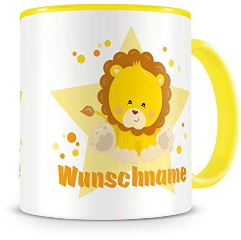 Samunshi® Kindertasse mit Namen Tasse Löwen Personalisierte Tasse mit Namen Kinder Kinderbecher mit Namen Kindergarten gelb 300ml