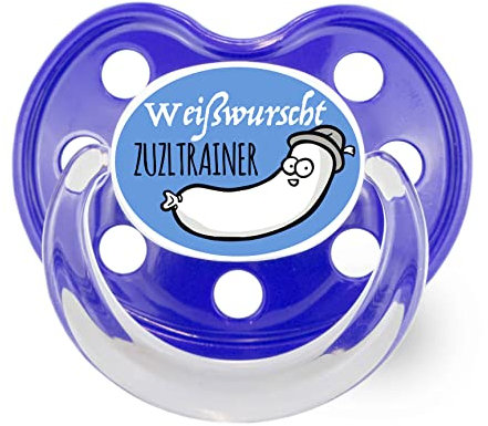 Schnuller im bayerischen Design, Bavariashop Dizzl Weißwurscht Zuzltrainingsmaschin Bua, Farbe Blau