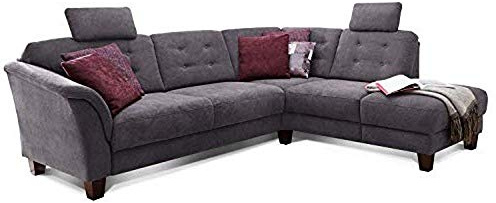 Cavadore Ecksofa Trond mit Federkern / Sofa L-Form im Landhausstil mit Ottomanen rechts und verstellbaren Kopfstützen / 260 x 89 x 214 / Webstoff grau