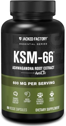 Jacked Factory Ashwagandha Root Extract (KSM-66 Ashwagandha) w/ 5% Withanolides - Supplement for Natural Stress Relief, Cognitive Function, Vitality, and Mood Support - 60 Veggie Capsules