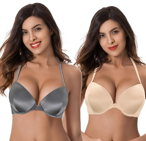 Curve Muse Women Push Up Add 1 and a Half Cup Underwire Halter Front Close Bras -2PK-Grey,Nude-40B (EU:90B)