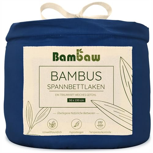 Bambaw Spannbettlaken 90x190 Bambus, 35 cm Steghöhe, nachhaltige und regulierende Spannbetttücher, Bettwäsche kühlend Sommer, Spannbettlaken Allergiker Bambus, atmungsaktive Bettlaken (Marineblau)