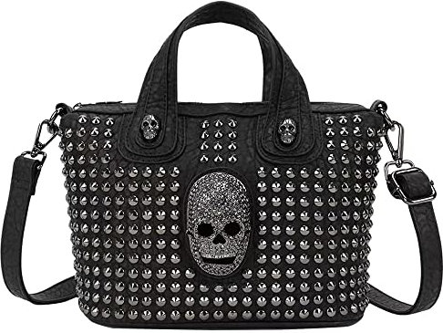 Downupdown Damen-Handtasche, Umhängetasche, Nieten, Totenkopf, PU-Leder, Griff oben, Schultertasche, Umhängetasche, Punk-Tasche, Schwarz3, Einheitsgröße
