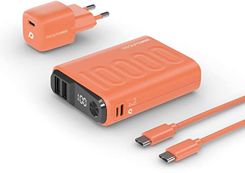 RealPower PB-10000 PowerPack PD Ladeset Powerbank mit 22.5W Power und 10.000mAh Kapazität, Nano USB-C Ladegerät, Schnellladekabel, kompatibel mit iPhone ProMax, iPad, Samsung Galaxy, Google Pixel usw.