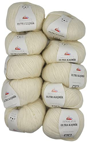 10 x 50 Gramm Himalaya Kasmir Strickgarn einfarbig, 500 Gramm Strickwolle mit 25% Alpaca Wolle, uni (creme 56808)