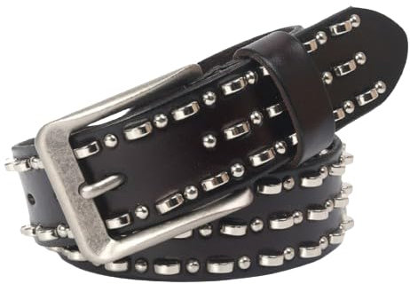 NALANY 3 Reihen Glänzendes Nietengürtel Punk Rock Goth Metall Nieten Kuhfell Ledergürtel Für Herren Damen Accessoires Für Jeans Hosen(105cm/41, Black)