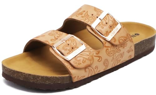 ONCAI Sandalias de Pala Mujer con Ajustable Buckle Corcho Zapatillas de Moda de Verano Mules Planas Zuecos Flores Beige Tamaño 41