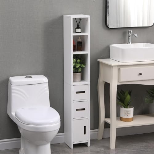 PCGAGA 120cm Bathroom Tall Caibinet Bathroom Tallboy, Narrow Cabinet Bathroom Storage Units, Slim Freestanding Cabinet (White Doors)