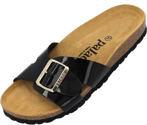 Palado Pantoletten Damen Tinos - bequeme Sandalen Made in Spain - elegante Hausschuhe mit Kork-Fußbett - modische Sommerschuhe Schwarz Lack/Gold UK9 - EU42