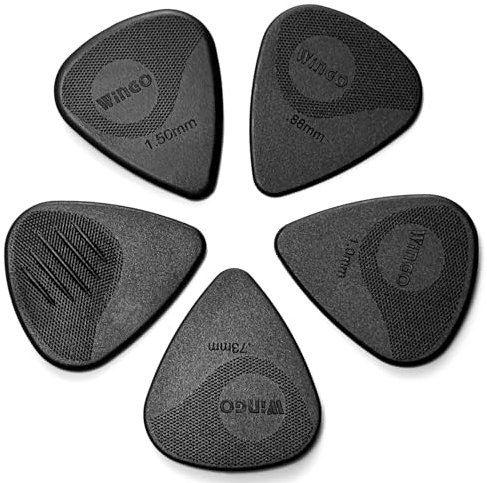 WINGO Gitarrenplektren mit Griffprägung, rutschfeste Plektren, 5 Stück (073, 088, 1,0, 1,25, 1,5 mm) für Akustik-, E-Gitarre, Bass, schwarz.