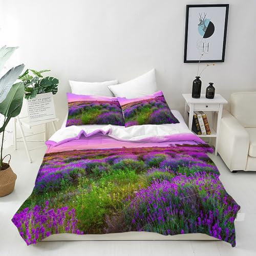 ANHOPE Natur Rosa Lila Lavendel Blume Bettwäsche Set 3 Teilig Weich Bettbezug 155x220 cm & 2 Kissenbezug 80x80 cm Microfaser Bettbezüge Set mit Reißverschluss Bettdeckenbezug für Kinder Mädchen