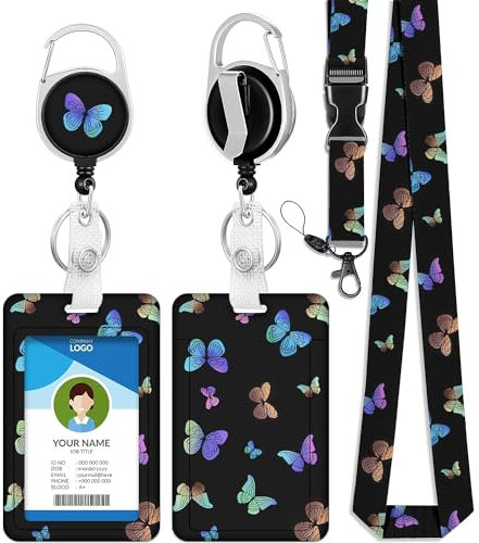 bolimoss Lanière papillon avec porte-carte pour clé, joli porte-badge d'identité en plastique coloré - Cordon tour de cou rétractable avec fermoir mousqueton pivotant et clip de ceinture pour