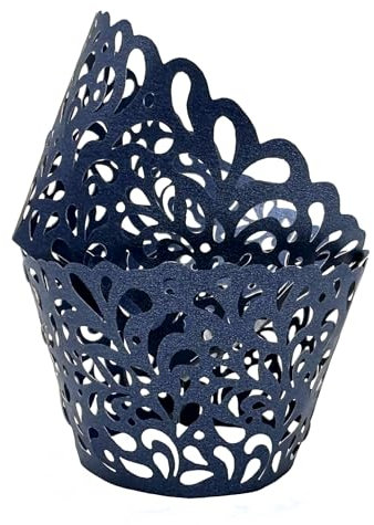 KOSTOO 50Pcs Cupcake Wrappers Water Droplet Hollowing Out Artistic Bake Cake Paper Lace Laser Cut Liner Baking Cup Wraps Muffin for Wedding Party Birthday Decoration (Navy Blue)