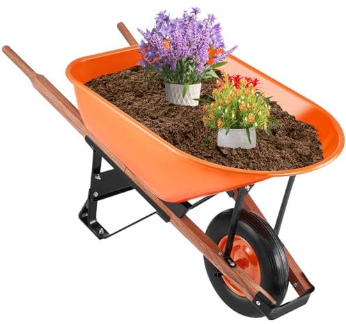 VEVOR Schubkarre, 150 kg Fassungsvermögen, Bauschubkarre, einrädriger Transportkarre mit Metallgriff und 16 Zoll Breiten Spurrädern, leicht zu beladende Schiebkarre, Gartenwagen für Rasen und Farm