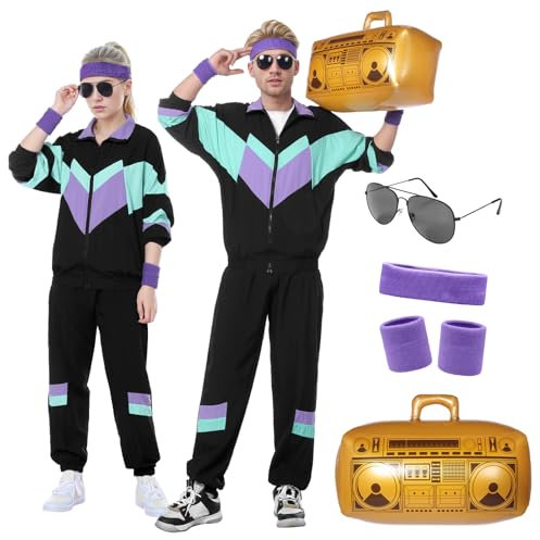 Ficlwigkis 80er 90er Jahre Outfit Herren Damen,8 Pcs 80er 90er Kostüm Bad Taste Outfit Herren Damen mit Jacke Hose Stirnband Armbänder Brille Aufblasbare Radio für Karneval (Schwarz 1, XXL)