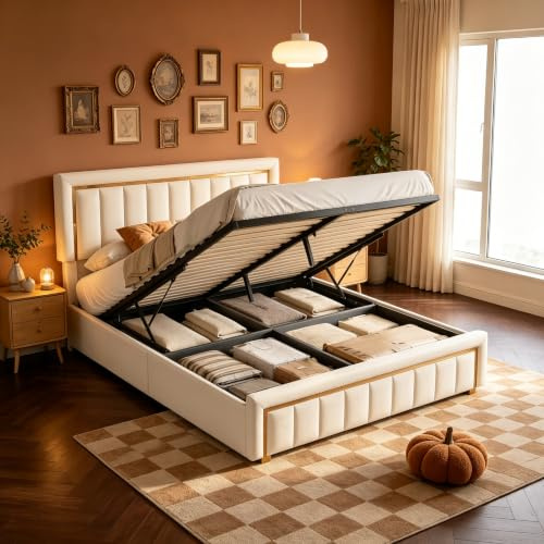 PerGar Polsterbett 160x200 mit Stauraum, Doppelbett mit Bettkasten, Hydraulisch Bett mit Kopfteil, Jugendbett Stauraumbett Bettgestell mit Lattenrost, Samt, Ohne Matratze, Beige