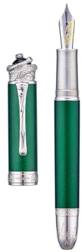 Hongdian N25 Piston Fountain Pen, Fine Nib Snake Stereoscopic Carving Design with Metal Case Set (Emerald Green)