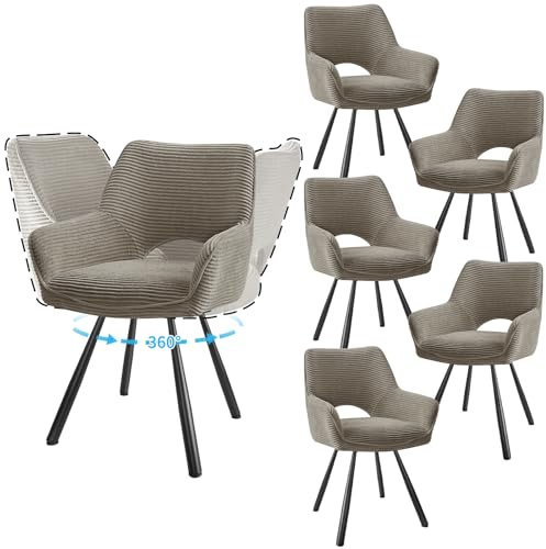 JIJIAN 6er Set Esszimmerstuhl Drehbar mit Armlehne, Drehbar 360°, Küchenstuhl, Moderner Polsterstuhl mit Stoffrückenlehne für Küche, Esszimmer, Schlafzimmer, Hellkaffeebraun